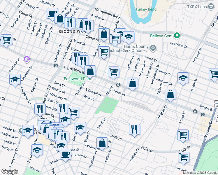 map of restaurants, bars, coffee shops, grocery stores, and more near 5404 Texas Street in Houston
