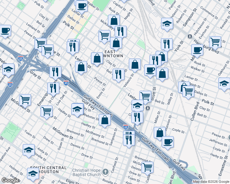 map of restaurants, bars, coffee shops, grocery stores, and more near 3122 Leeland Street in Houston