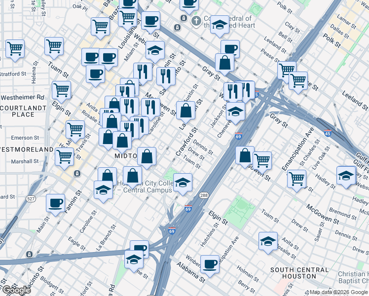 map of restaurants, bars, coffee shops, grocery stores, and more near 2811 Crawford Street in Houston
