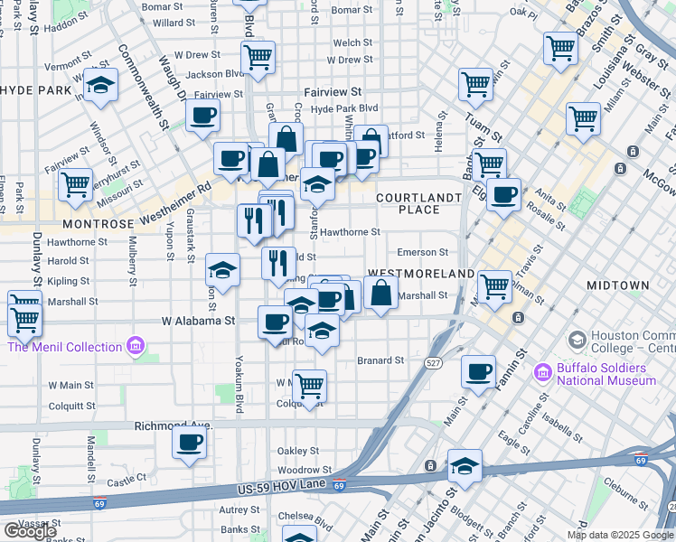 map of restaurants, bars, coffee shops, grocery stores, and more near 615 Kipling Street in Houston
