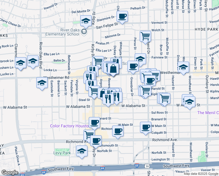 map of restaurants, bars, coffee shops, grocery stores, and more near 2814 Revere Street in Houston