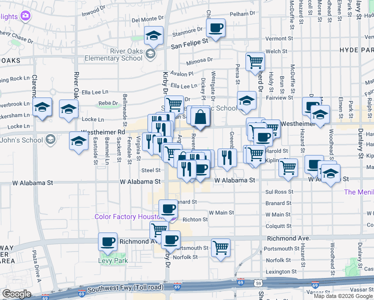 map of restaurants, bars, coffee shops, grocery stores, and more near 2814 Revere Street in Houston