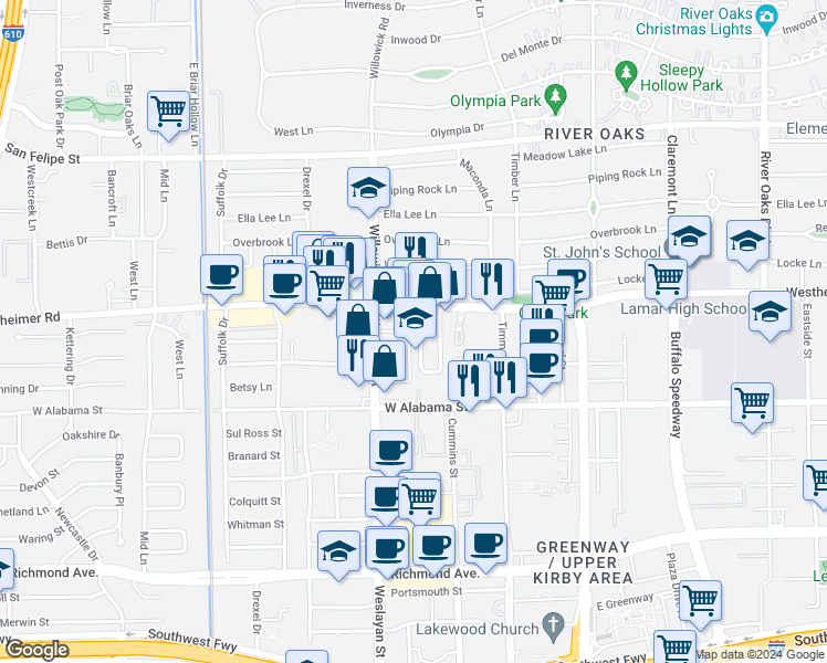 map of restaurants, bars, coffee shops, grocery stores, and more near in Houston