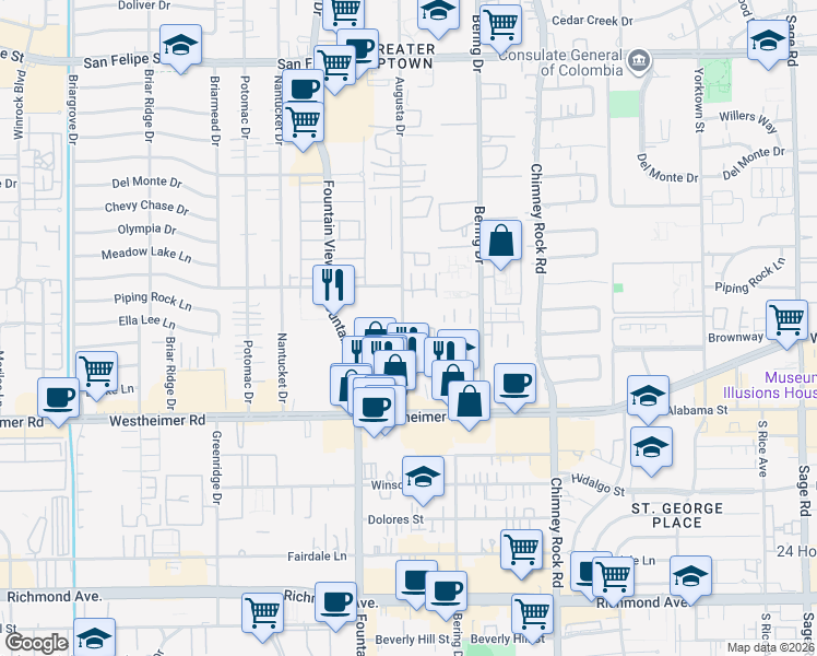 map of restaurants, bars, coffee shops, grocery stores, and more near 2524 Augusta Drive in Houston