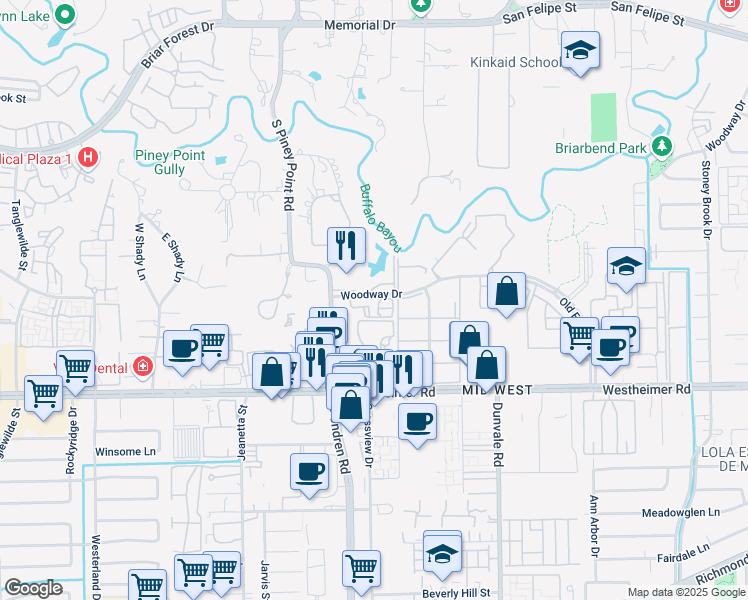 map of restaurants, bars, coffee shops, grocery stores, and more near 8787 Woodway Drive in Houston