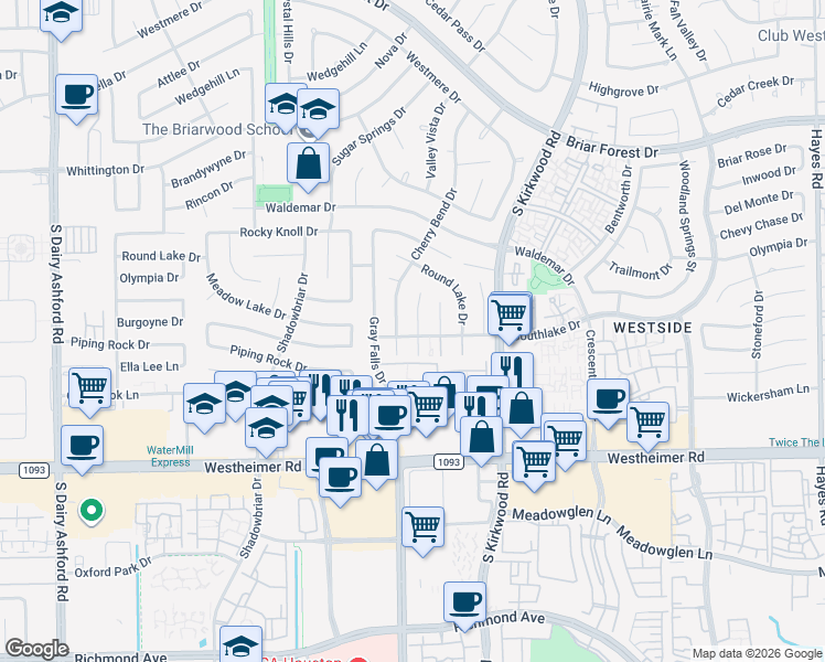 map of restaurants, bars, coffee shops, grocery stores, and more near 2302 Silver Sage Drive in Houston
