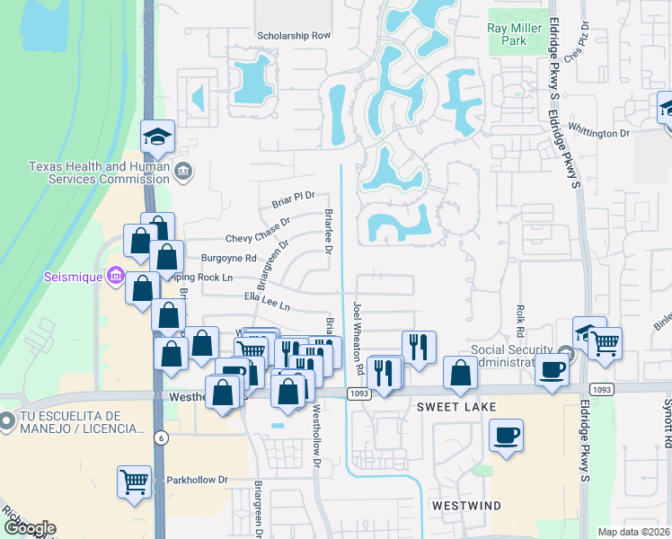 map of restaurants, bars, coffee shops, grocery stores, and more near 2003 Briarstem Drive in Houston