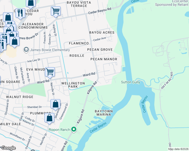map of restaurants, bars, coffee shops, grocery stores, and more near 2501 Ward Road in Baytown