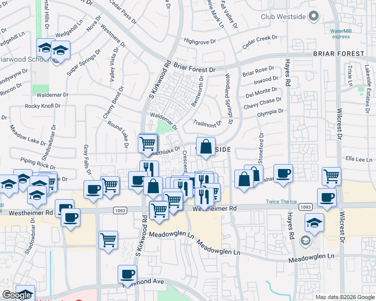 map of restaurants, bars, coffee shops, grocery stores, and more near 11635 Village Place Drive in Houston