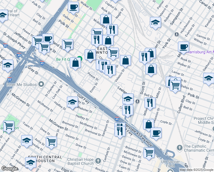 map of restaurants, bars, coffee shops, grocery stores, and more near 3122 Leeland Street in Houston