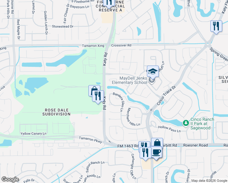 map of restaurants, bars, coffee shops, grocery stores, and more near 28018 Bandera Glen Lane in Katy