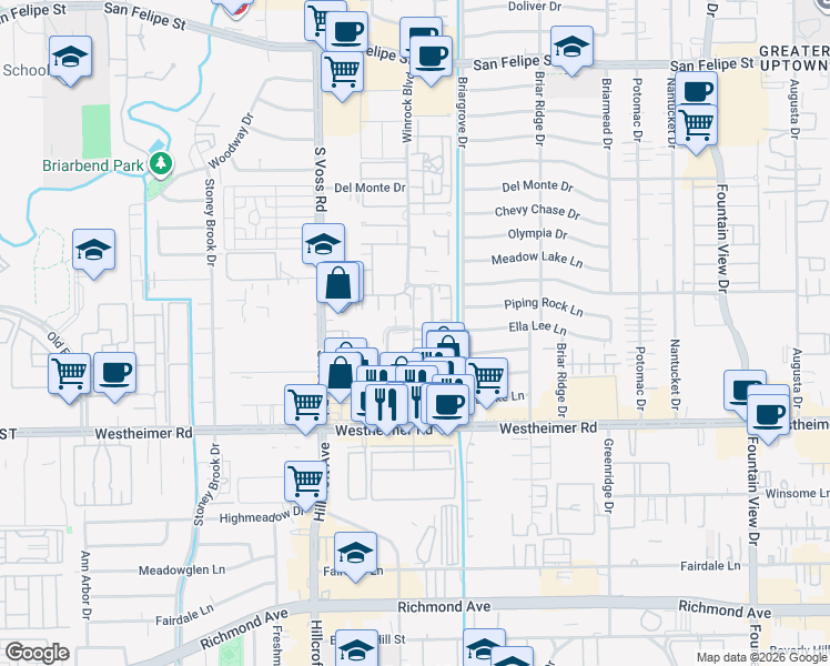 map of restaurants, bars, coffee shops, grocery stores, and more near 6339 Ella Lee Lane in Houston