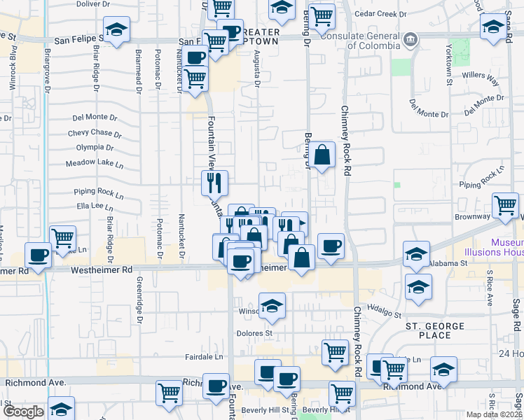 map of restaurants, bars, coffee shops, grocery stores, and more near 2524 Augusta Drive in Houston