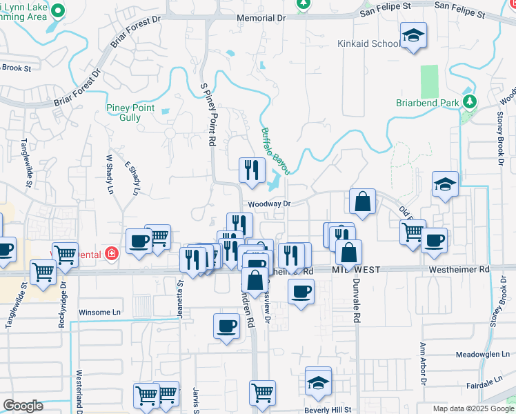 map of restaurants, bars, coffee shops, grocery stores, and more near 8787 Woodway Drive in Houston