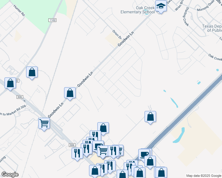 map of restaurants, bars, coffee shops, grocery stores, and more near 176 Pebble Creek Run in New Braunfels