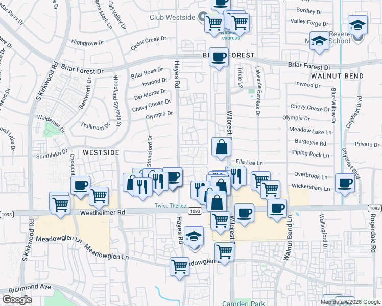 map of restaurants, bars, coffee shops, grocery stores, and more near 2301 Hayes Road in Houston