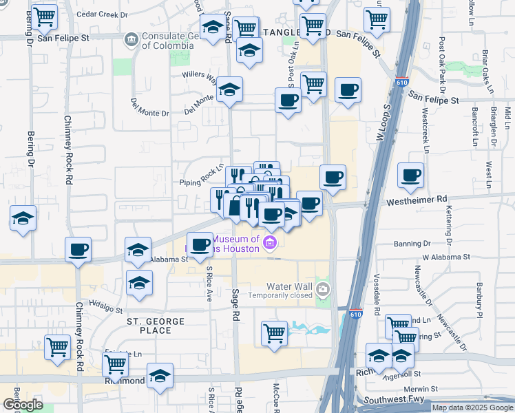 map of restaurants, bars, coffee shops, grocery stores, and more near 5160 Westheimer Road in Houston