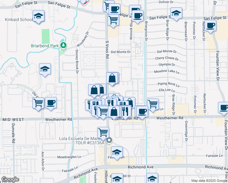 map of restaurants, bars, coffee shops, grocery stores, and more near 2505 South Voss Road in Houston