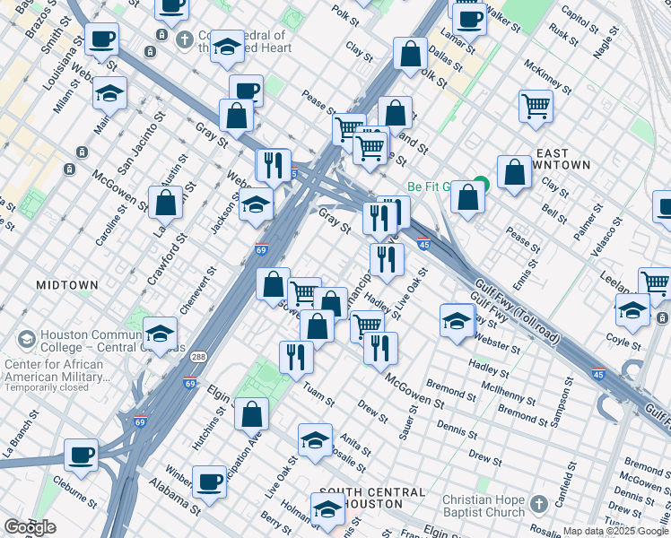 map of restaurants, bars, coffee shops, grocery stores, and more near 2307 Hadley Street in Houston