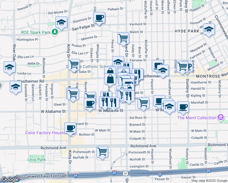 map of restaurants, bars, coffee shops, grocery stores, and more near 2127 Harold Street in Houston
