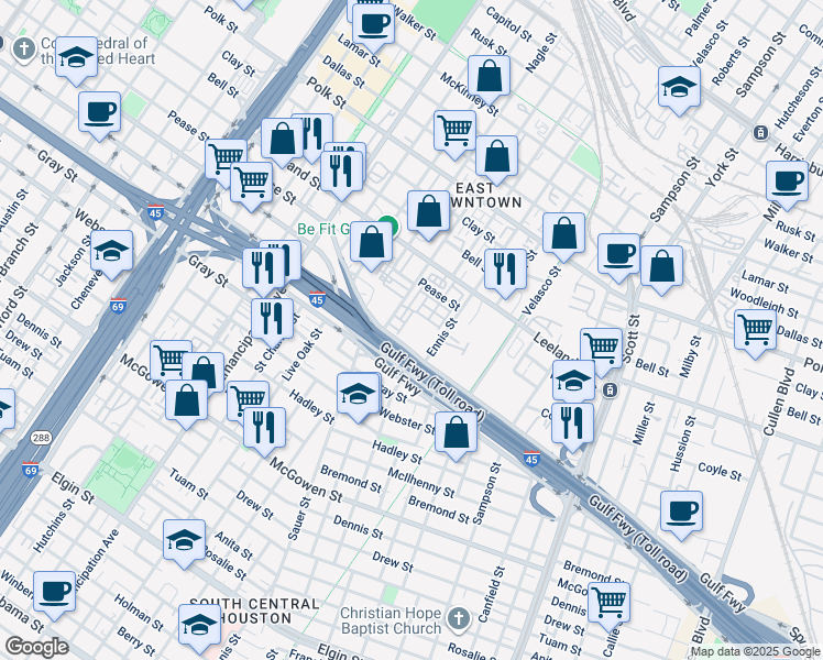 map of restaurants, bars, coffee shops, grocery stores, and more near 2821 Gulf Freeway in Houston