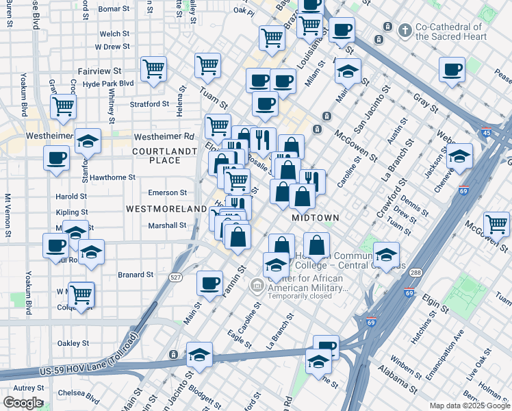 map of restaurants, bars, coffee shops, grocery stores, and more near 3300 Main Street in Houston