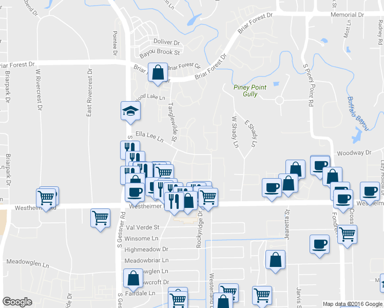 map of restaurants, bars, coffee shops, grocery stores, and more near 49-56 Ella Lee Lane in Houston