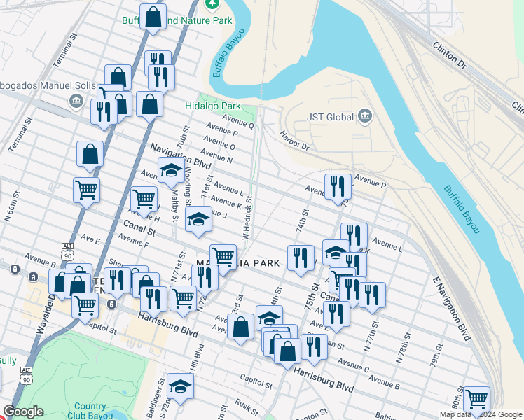 map of restaurants, bars, coffee shops, grocery stores, and more near 7250 Avenue K in Houston