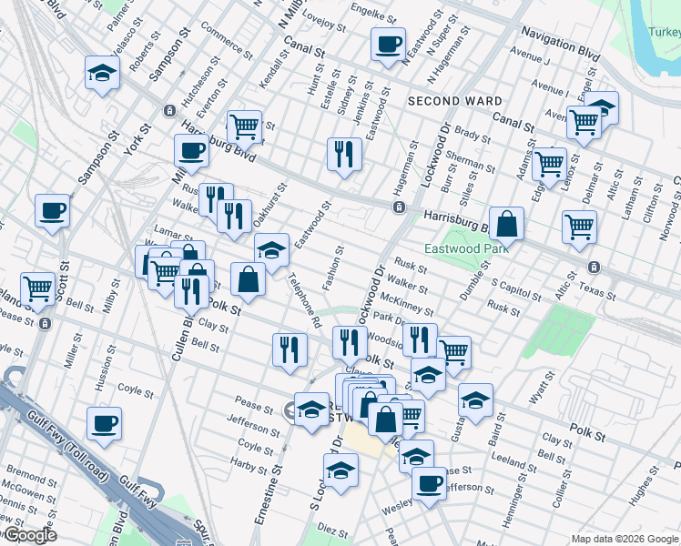 map of restaurants, bars, coffee shops, grocery stores, and more near 4502 McKinney Street in Houston