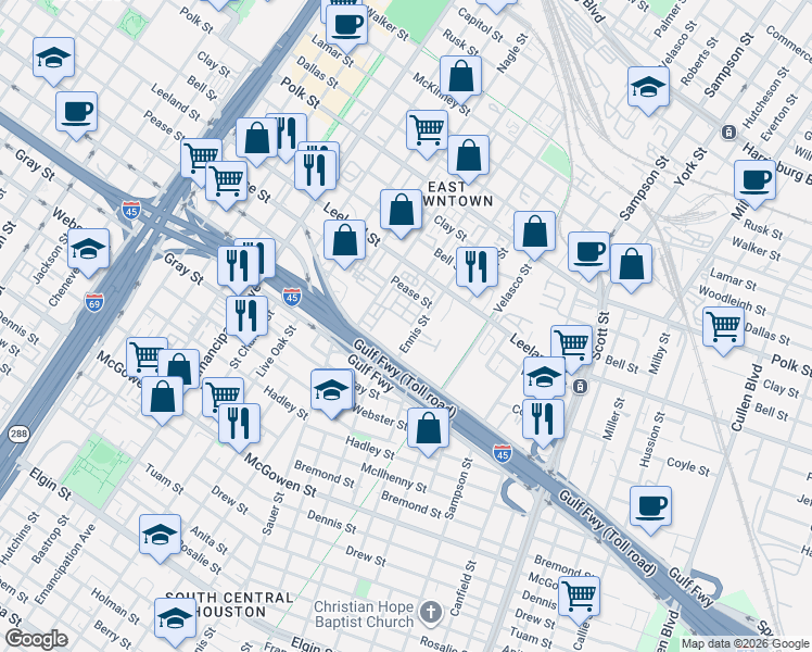 map of restaurants, bars, coffee shops, grocery stores, and more near 2821 Gulf Freeway in Houston