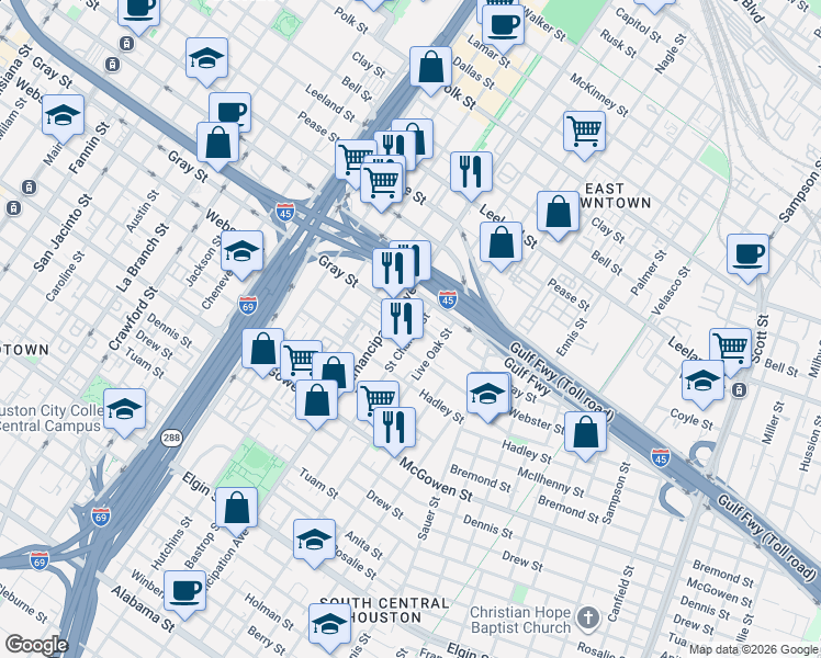 map of restaurants, bars, coffee shops, grocery stores, and more near 2120 Saint Charles Street in Houston
