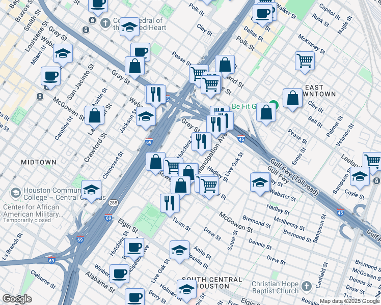 map of restaurants, bars, coffee shops, grocery stores, and more near 2307 Hadley Street in Houston
