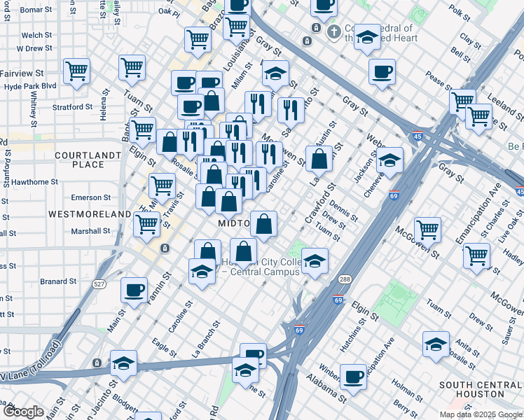 map of restaurants, bars, coffee shops, grocery stores, and more near 3004 Austin Street in Houston
