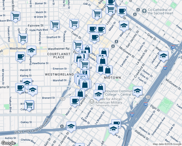 map of restaurants, bars, coffee shops, grocery stores, and more near 3400 Main street in Houston