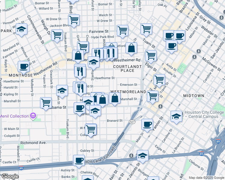 map of restaurants, bars, coffee shops, grocery stores, and more near 3602 Audubon Place in Houston