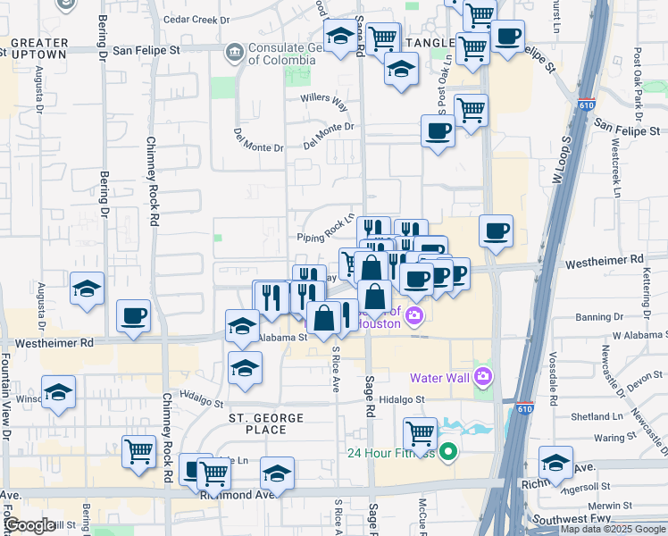 map of restaurants, bars, coffee shops, grocery stores, and more near 5304 Brownway Street in Houston