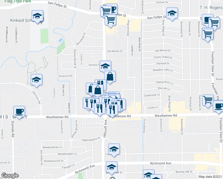 map of restaurants, bars, coffee shops, grocery stores, and more near 2505 South Voss Road in Houston