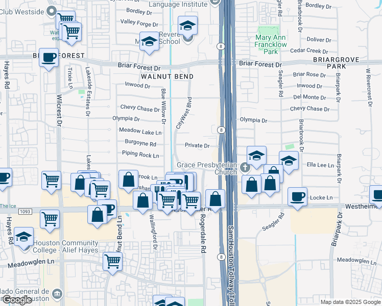 map of restaurants, bars, coffee shops, grocery stores, and more near 2331 CityWest Boulevard in Houston