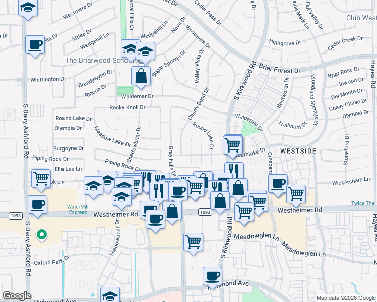 map of restaurants, bars, coffee shops, grocery stores, and more near 2302 Silver Sage Drive in Houston