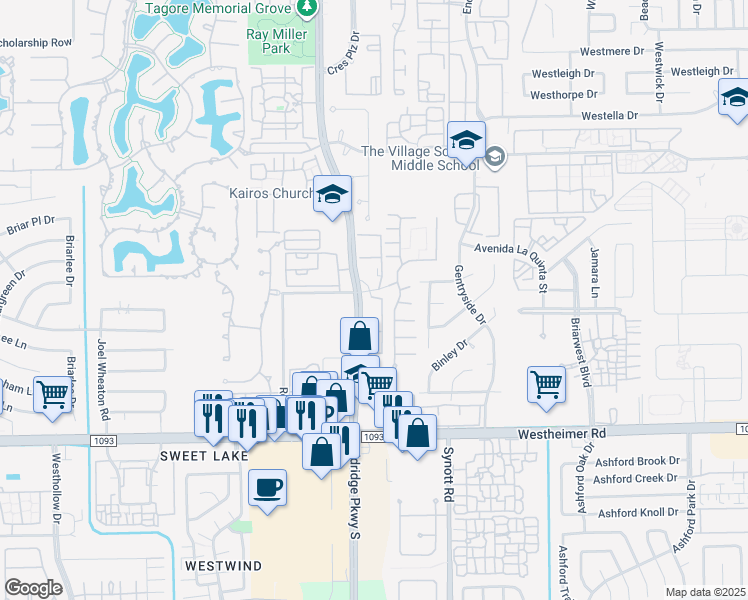 map of restaurants, bars, coffee shops, grocery stores, and more near 2323 Eldridge Parkway South in Houston