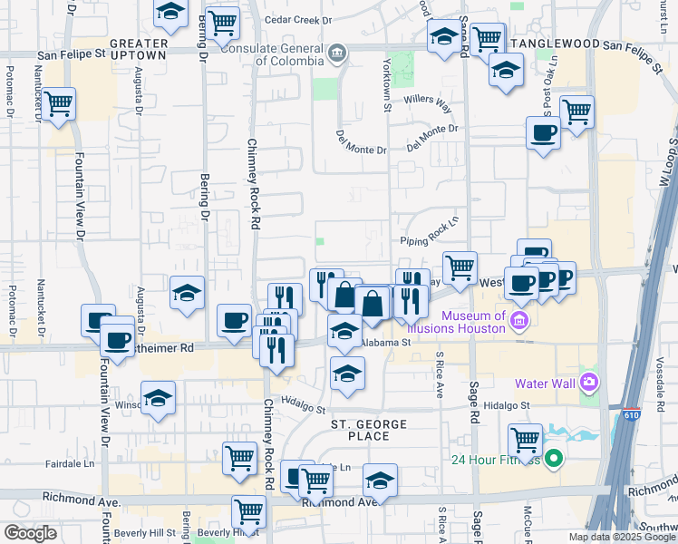 map of restaurants, bars, coffee shops, grocery stores, and more near 5400 Westheimer Court in Houston