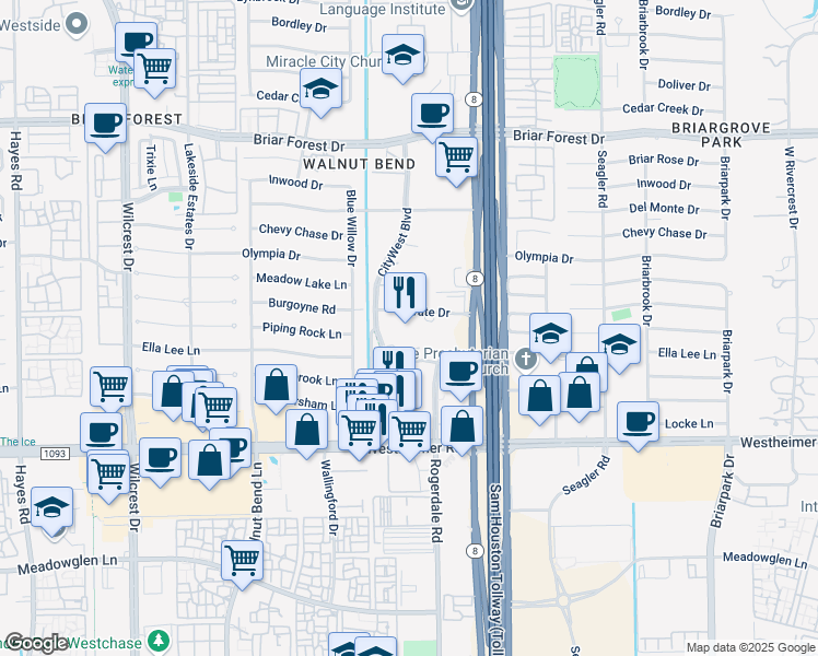 map of restaurants, bars, coffee shops, grocery stores, and more near 2331 CityWest Boulevard in Houston