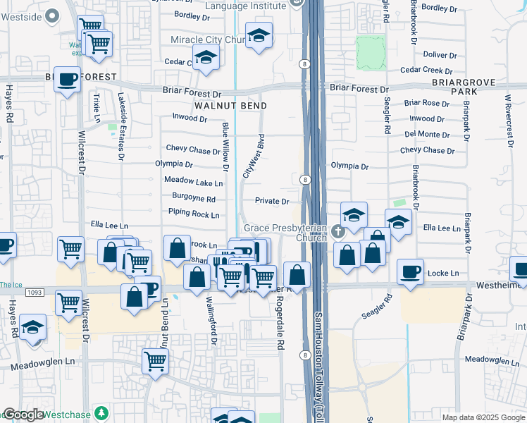 map of restaurants, bars, coffee shops, grocery stores, and more near 2331 CityWest Boulevard in Houston