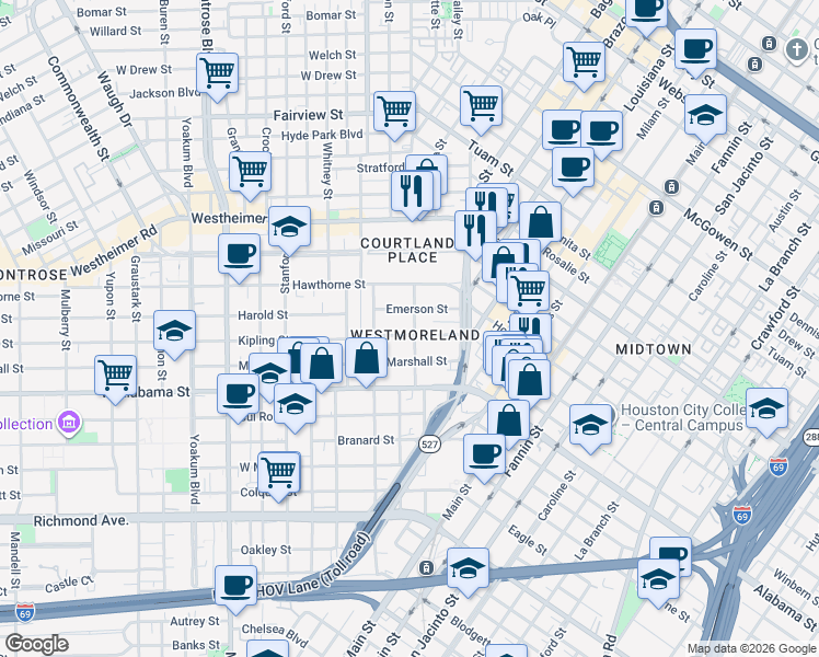map of restaurants, bars, coffee shops, grocery stores, and more near 229 Westmoreland Street in Houston