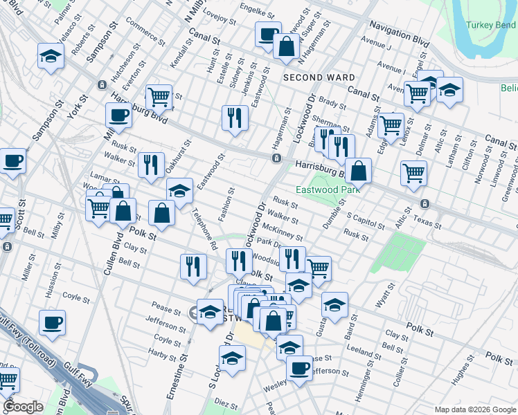 map of restaurants, bars, coffee shops, grocery stores, and more near S Lockwood Dr & Walker St in Houston