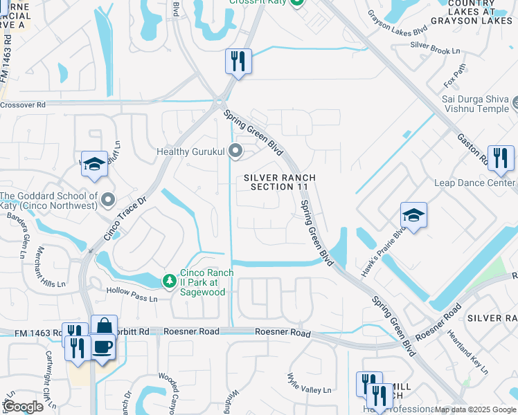 map of restaurants, bars, coffee shops, grocery stores, and more near Stonebury Heights Lane in Katy