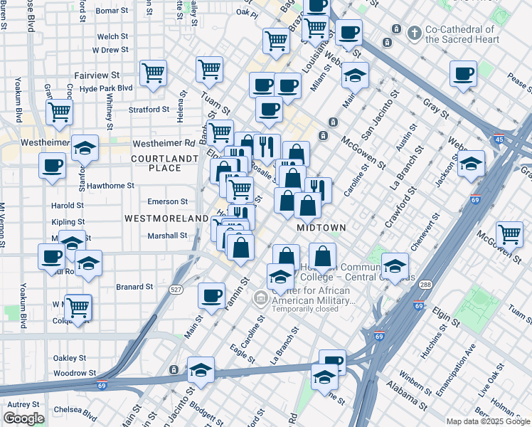 map of restaurants, bars, coffee shops, grocery stores, and more near 3303 Main street in Houston