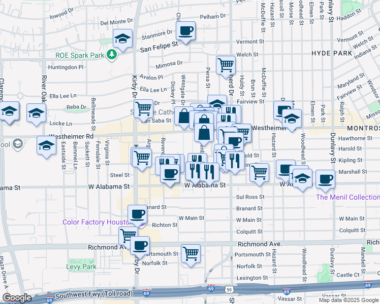 map of restaurants, bars, coffee shops, grocery stores, and more near 2805 Newman Street in Houston