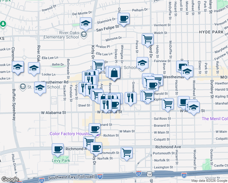 map of restaurants, bars, coffee shops, grocery stores, and more near 2727 Revere Street in Houston
