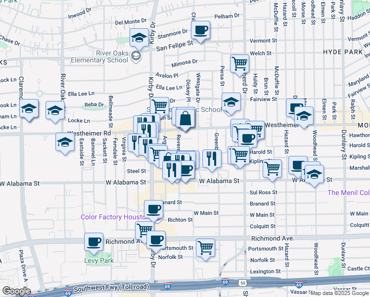 map of restaurants, bars, coffee shops, grocery stores, and more near 2814 Revere Street in Houston